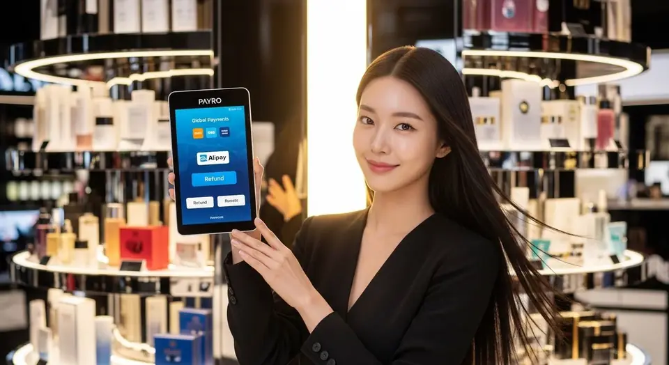 외국인 손님 결제에 쓰이는 페이로 단말기가 놓인 매장 장면