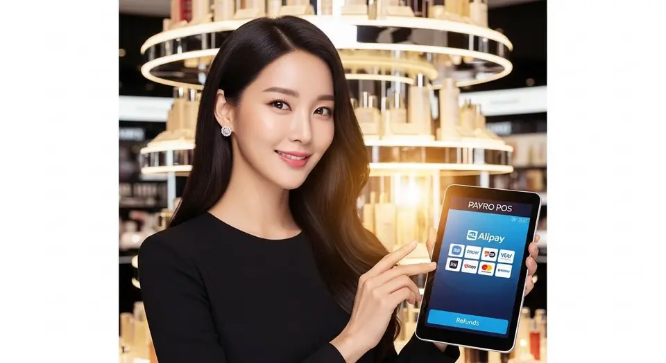 외국인 손님 결제에 쓰이는 페이로 단말기가 놓인 매장 장면