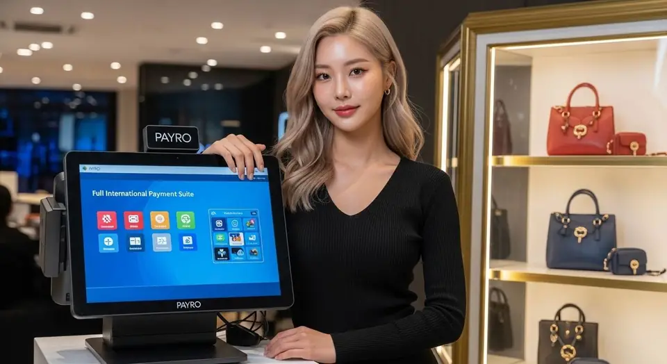 가방 매장 직원 옆에 놓인 결제수단 아이콘이 뜬 페이로 단말기