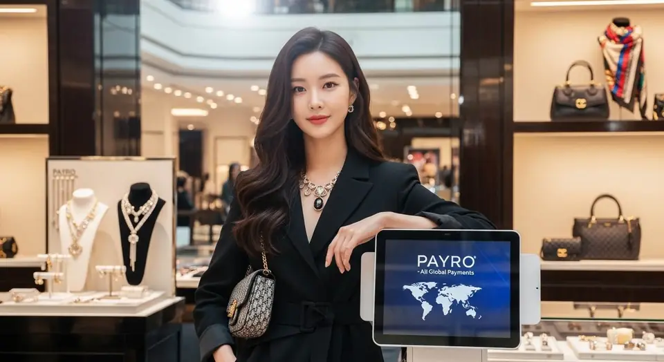 명품 매장 카운터 옆에 놓인 페이로 결제 화면