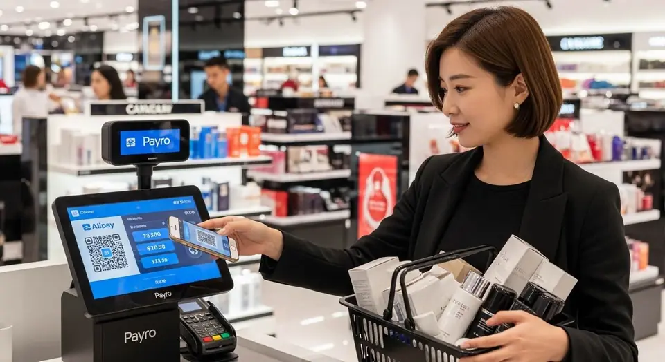 바구니를 든 손님이 계산대에서 QR 결제를 하는 모습