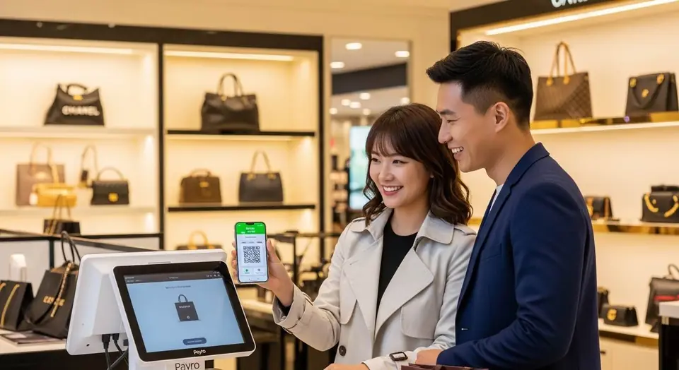외국인 손님 결제에 쓰이는 페이로 단말기가 놓인 매장 장면