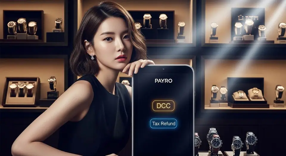 시계 매장에서 DCC와 Tax Refund 버튼이 보이는 페이로 단말기