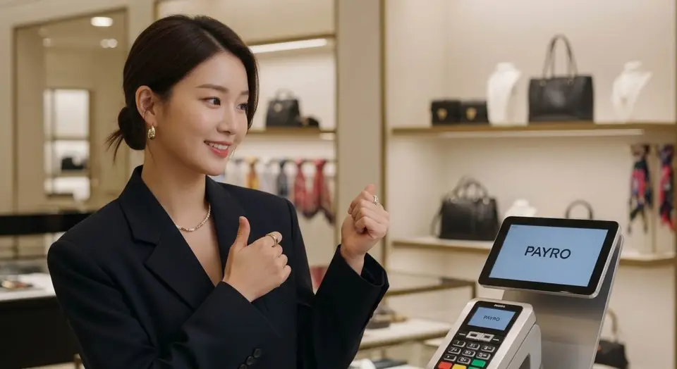 외국인 손님 결제에 쓰이는 페이로 단말기가 놓인 매장 장면
